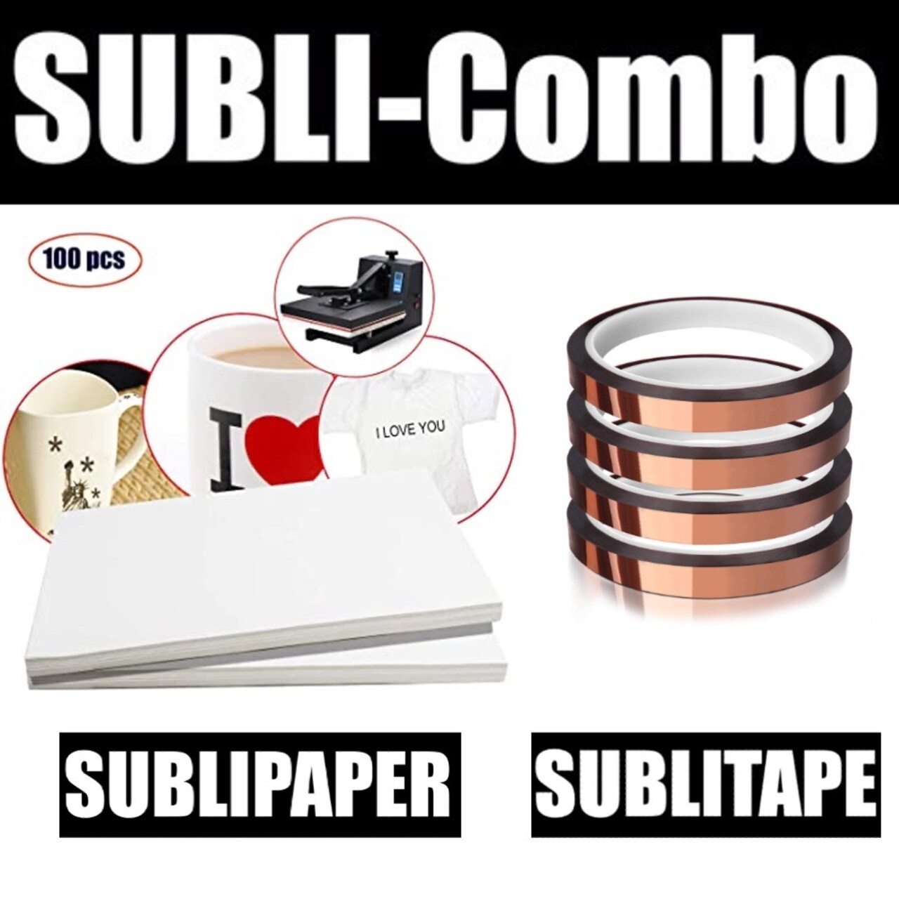 Dye Sub COMBO 4 Rolls TAWNY BROWN HEAT RESISTANT Tape 6mm x 33m + 100 Sh 8.5”x11” SUBLIPAPER